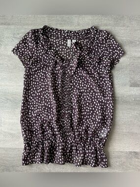 Esprit de corp brown sheer Polka Dot Tie-Neck Ruffle Bottom Blouse